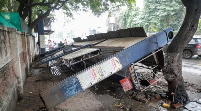 Two people sustained injuries when a bus stop waiting shed gave away due to corroded metal parts near clover centre on Ambedkar road on Tuesday | Express photograph by Arul Horizon