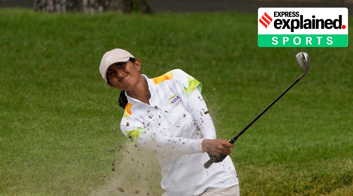 Aditi Ashok plays a shot from a bunker on the 7th hole during the final round of the women's golf event at the 2020 Summer Olympics, Saturday, Aug. 7, 2021, at the Kasumigaseki Country Club in Kawagoe, Japan. (AP Photo/Andy Wong)