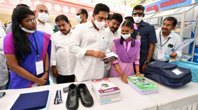 Andhra CM Y S Jagan Mohan Reddy at the inauguration of a revamped high school in East Godavari district on Monday.