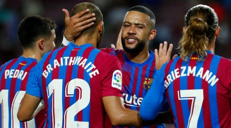 Barcelona's Martin Braithwaite, 2nd left, celebrates with teammate Memphis Depay, 2nd right,after scoring his side's third goal during a Spanish La Liga soccer match between Barcelona and Real Sociedad at Camp Nou stadium in Barcelona (Source: AP)