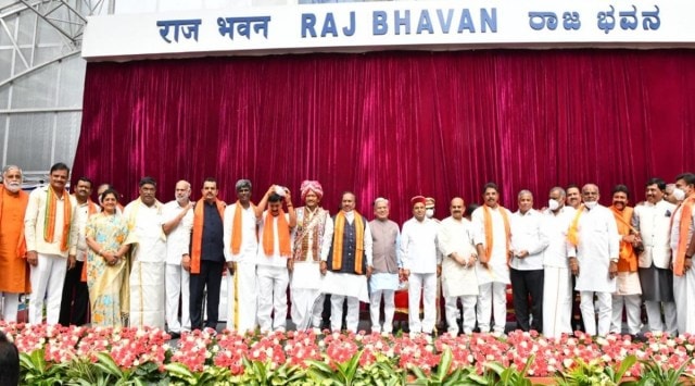 Karnataka Chief Minister Basavaraj Bommai with his newly-inducted council of ministers. (Photo: Twitter/@BSBommai)