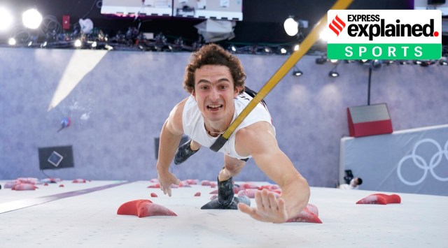 Adam Ondra, of the Czech Republic, participates during the speed qualification portion of the men's sport climbing competition at the 2020 Summer Olympics, Tuesday, Aug. 3, 2021, in Tokyo, Japan. (Tsuyoshi Ueda/Pool Photo via AP)
