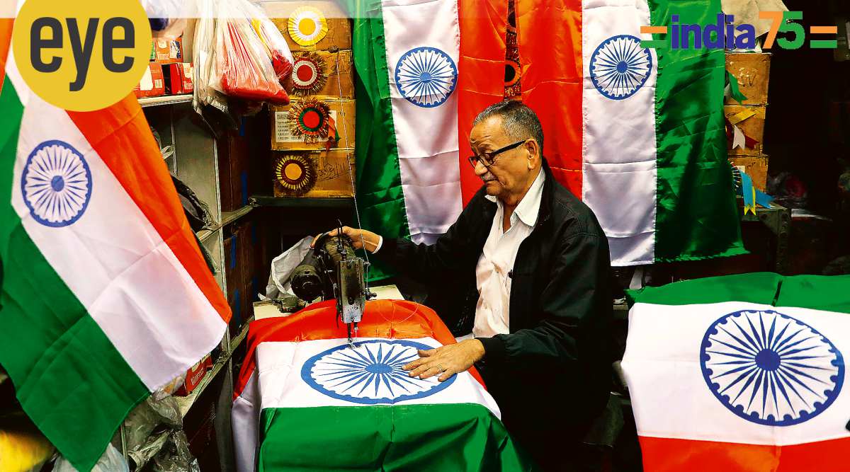 Colours of the land: In Kolkata, an elderly man stitching national flags in his shop. (Partha Paul)
