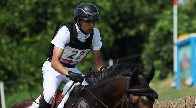 Fouaad Mirza on his horse Seigneur during cross-country eventing at the Tokyo Olympics. (Reuters)