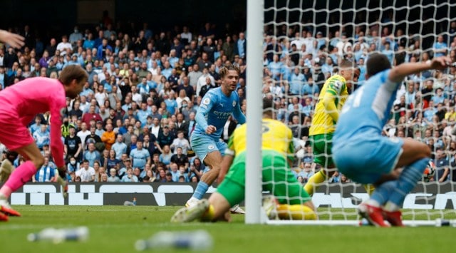 Manchester City's Jack Grealish scores their second goal against Norwich. (Reuters)