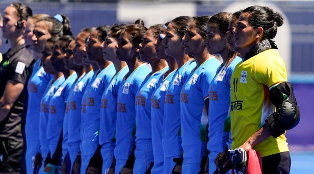 India players line up prior to their women's hockey bronze medal match against Great Britain at the Tokyo Olympics. (AP)
