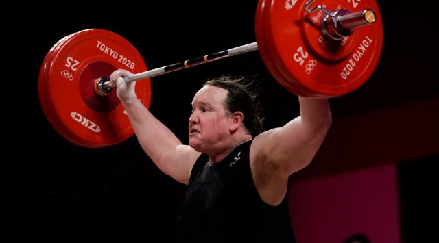 Laurel Hubbard of New Zealand competes in the women's +87kg weightlifting event at the Tokyo Olympics. (AP)