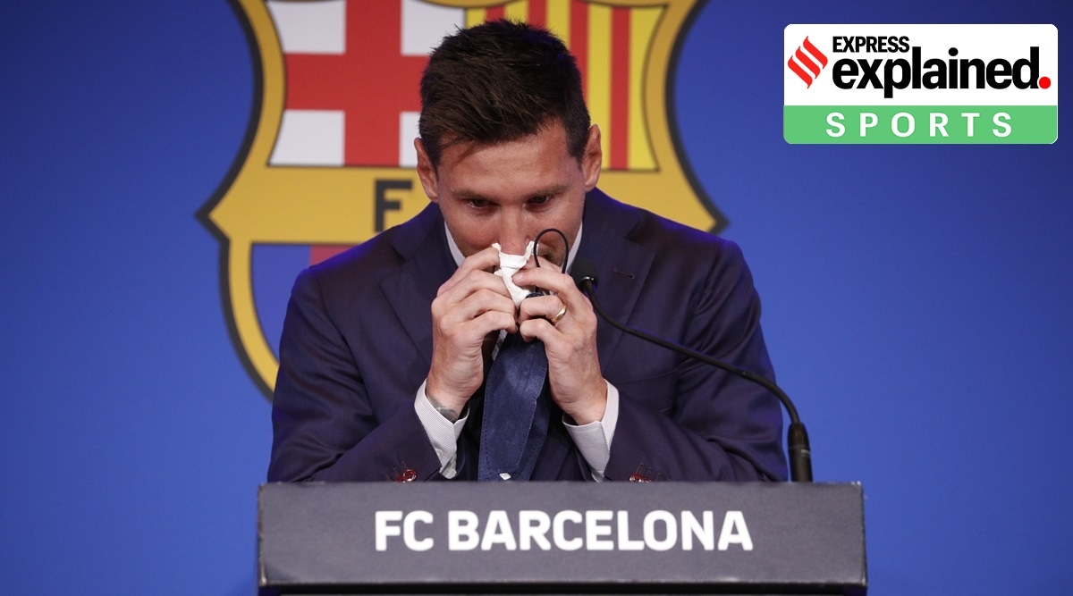 Lionel Messi during his final press conference at Barcelona. (Reuters)