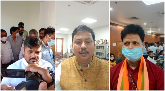 Newly inducted ministers Sushanta Chowdhury, Ramprasad Paul and Bhagaban Das. (Express Photo)
