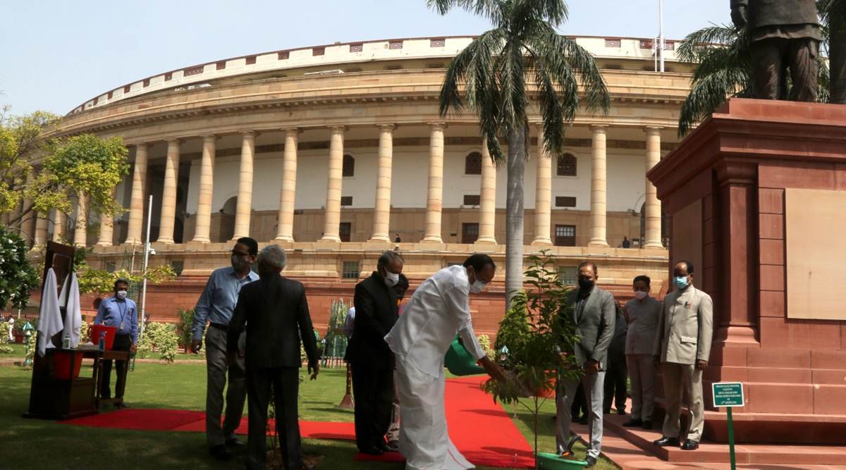 Rajya Sabha Chairman and Vice President M Venkaiah Naidu plants a tree on the lawns of Parliament on Wednesday. (Express photo by Renuka Puri)