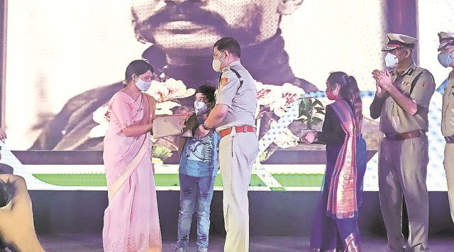 Asthana felicitated head constable Ratan Lal’s wife Poonam Bari and son Ram at the event. Lal had died during the riots