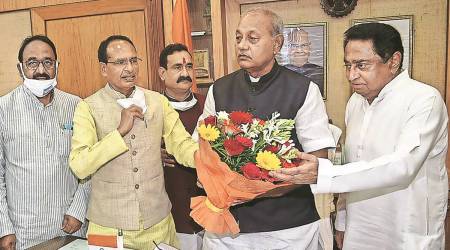 MP Speaker Girish Gautam with CM Shivraj Singh Chouhan and Leader of Opposition Kamal Nath at all-party meeting ahead of the monsoon session of the Assembly, in Bhopal. (PTI)