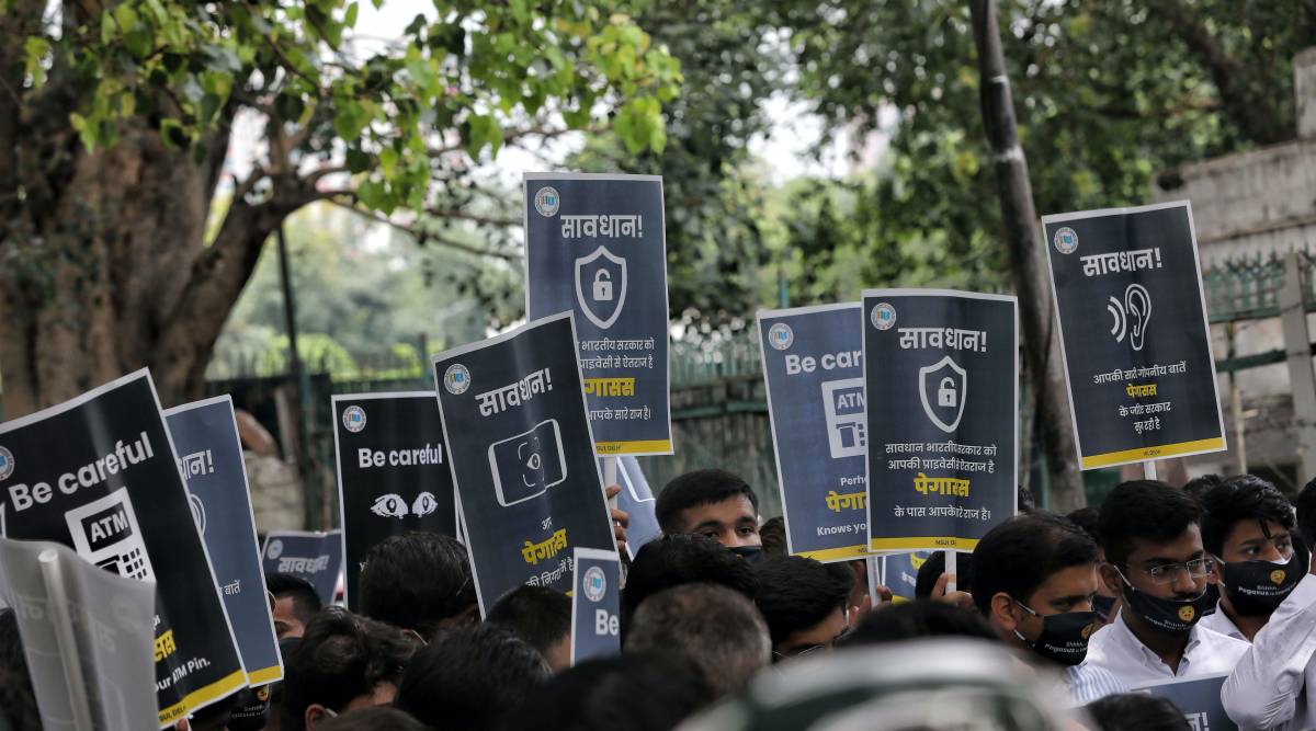 NSUI protest against the Pegasus snooping issue outside their office, in New Delhi, on Monday, August 02, 2021. (Express photo by Abhinav Saha)