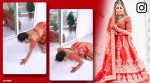 woman push ups in bridal lehenga, bride exercise in lehenge, viral bride videos, bridal videos, viral videos, indian express