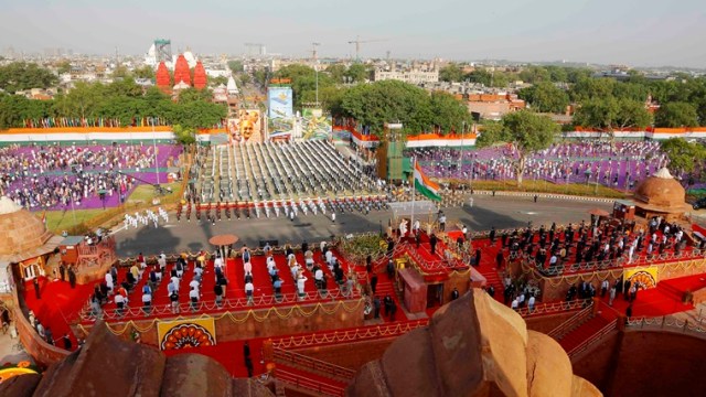 New Delhi: A view of the 75th Independence Day celebrations at Red Fort in New Delhi, Sunday, August 15, 2021. (PTI Photo)(PTI08_15_2021_000275A)