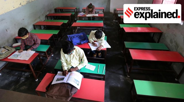 Students wear face masks at a school in Ludhiana. (Express Photo: Gurmeet Singh, Representational) 