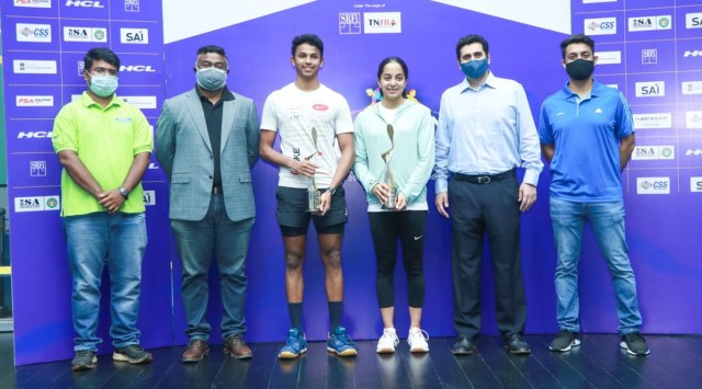 From left: Prijoe Tharu, manager south, HCL Foundation; Arun Rajendran, global sales director, HCL Technologies, men's champions Velavan Senthilkumar, women's champ Tanvi Khanna, Cyrus Poncha, secretary general SRFI and Arjun Rajendran, deputy manager, Branding, HCL during prize ceremony after the conclusion of  Indian Tour in Chennai on Thursday
