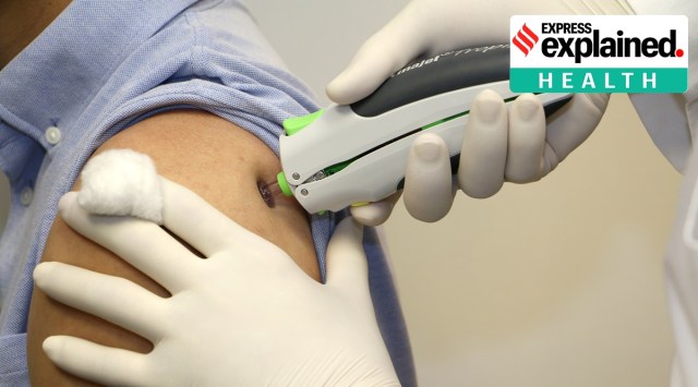 The Covid-19 vaccine is exclusively administered using the PharmaJet Tropis Needle-free Injection System. (Source: Business Wire via AP)