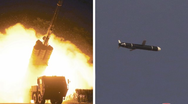 The Academy of National Defense Science conducts long-range cruise missile tests in North Korea, as pictured in this combination of undated photos supplied by North Korea's Korean Central News Agency (KCNA) on September 13, 2021. (Reuters)