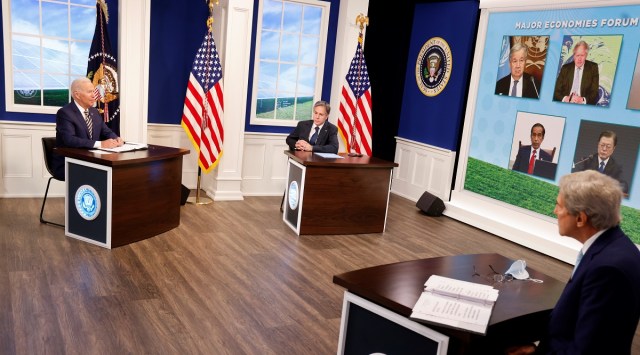 US President Joe Biden and Secretary of State Antony Blinken participate in a meeting of the Major Economies Forum on Energy and Climate (MEF) on climate change. (Reuters)