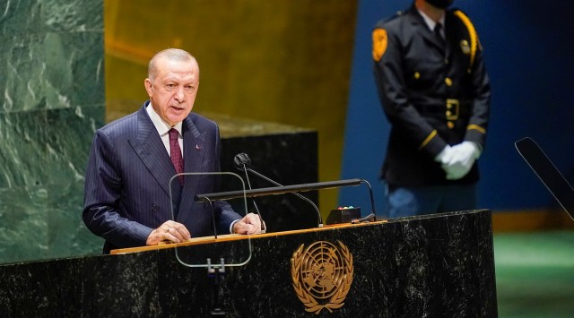 Turkish President Tayyip Erdogan speaks during the 76th Session of the General Assembly at UN Headquarters in New York. (Reuters)