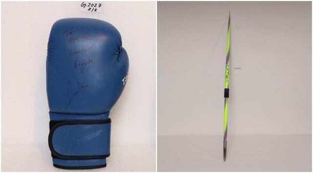 Olympics bronze medalist Lovlina Borgohain’s boxing glove and gold medalist Neeraj Chopra’s javelin