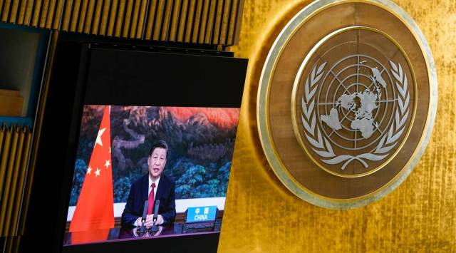China's President Xi Jinping remotely addresses the 76th session of the United Nations General Assembly in a pre-recorded message at UN headquarters.(AP Photo/Mary Altaffer, Pool)