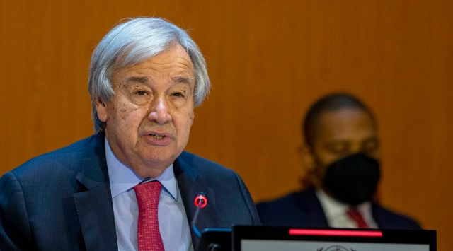 UN Secretary-General Antonio Guterres during the High-Level Ministerial Event on the Humanitarian Situation in Afghanistan, at the European headquarters of the United Nation, in Geneva, Switzerland on Sept. 13, 2021. (AP/PTI)