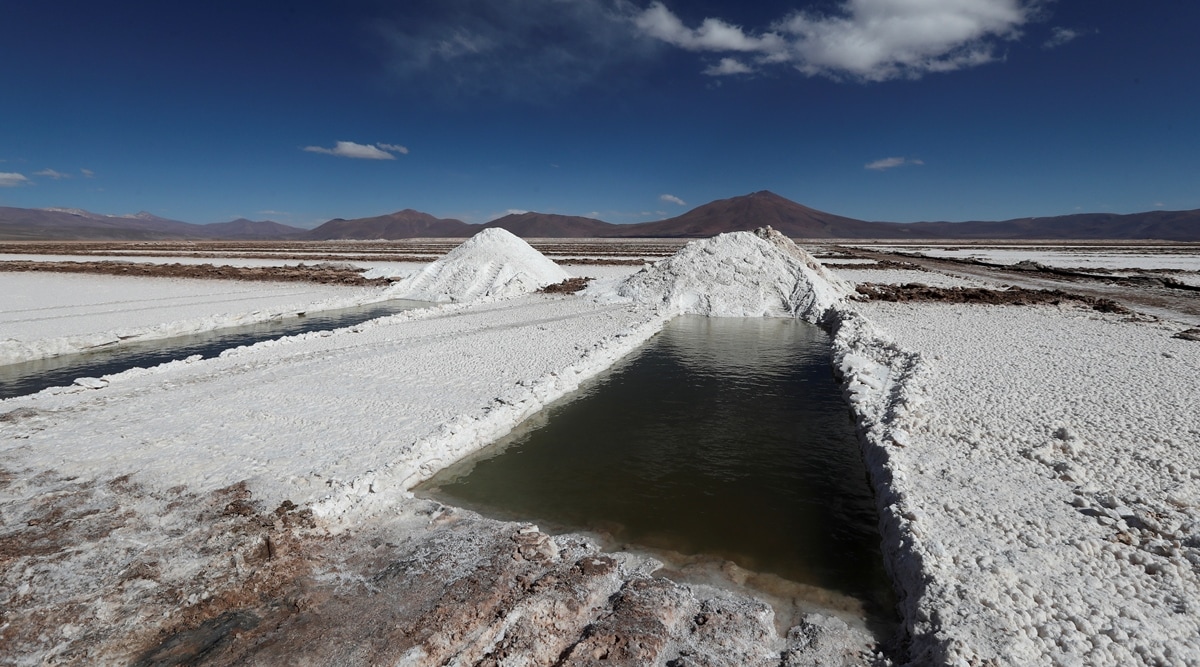Brine pools are pictured at the Rincon Mining lithium camp, at the Salar del Rincon salt flat, in Salta, Argentina August 12, 2021. (Reuters)