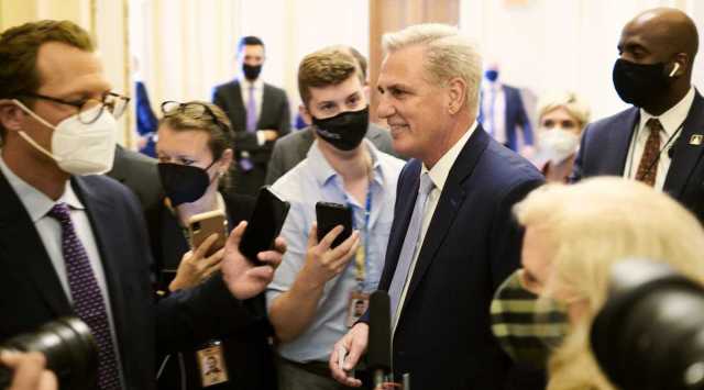 House Minority Leader Kevin McCarthy (R-Calif.) talks to reporters at the U.S. Capitol in Washington on Wednesday, Sept. 29, 2021. The House was set to move on Wednesday on a bill to increase the debt limit, while the Senate prepared a separate spending bill to keep the government funded past a Thursday deadline. (T.J. Kirkpatrick/The New York Times)