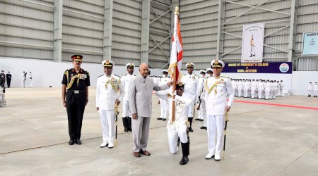 President Ram Nath Kovind presents the President’s Colour to the Indian Naval Aviation at INS Hansa in Goa