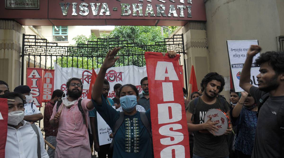 Sevaral students union during a protest against Visva Bharati authority in front of Visva Bharati publication department in Kolkata on Friday,. (Express photo)