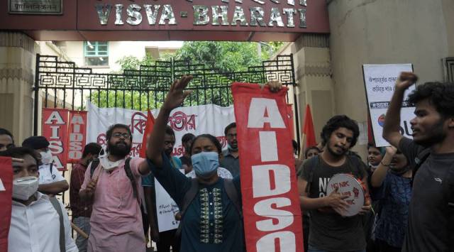 Sevaral students union during a protest against Visva Bharati authority in front of Visva Bharati publication department in Kolkata on Friday,. (Express photo)