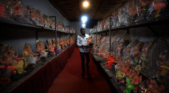 Work on idols in progress at a workshop in Mumbai ahead of Ganesh festival.(Express photo by Amit Chakravarty)
