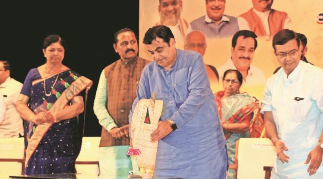 Union Minister Nitin Gadkari attends an event organised by the Vadodara unit of the BJP at the Sayaji Nagar Gruh Town in Vadodara on Friday to mark the 71st birthday celebrations of Prime Minister Narendra Modi. (Express/ Bhupendra Rana)