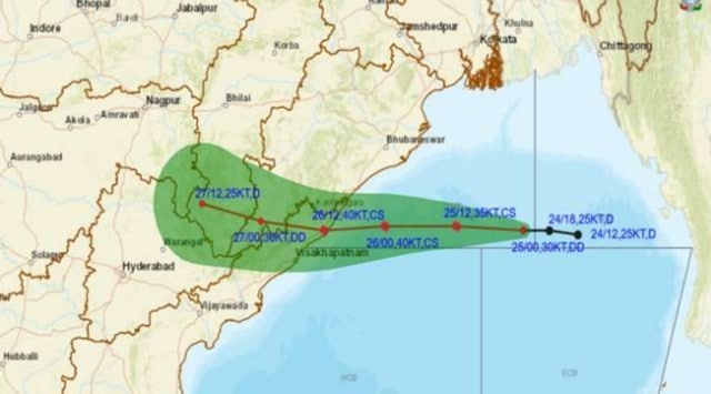 The projected track of Cyclone Gulab which will cross south Odisha and north coastal Andhra Pradesh on Sunday evening. (Source: IMD)