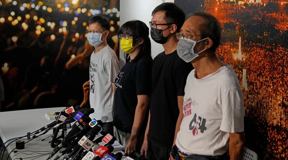 In this Sunday, Sept. 5, 2021, file photo, Chow Hang-tung, second from left, vice chairwoman of the Hong Kong Alliance in Support of Patriotic Democratic Movements of China, and other group members attend a news conference in Hong Kong. (AP)