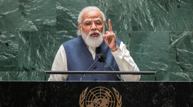 Prime Minister Narendra Modi addresses the 76th Session of the UN General Assembly in New York City on Saturday. (Reuters)