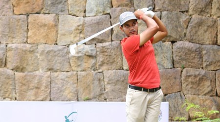 Manu Gandas in action during the final day of Golconda Masters Telangana Open.