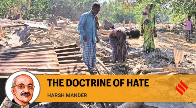 Evicted villagers inspect the remains of their homes in Dholpur. (Express photo by Sadiq Naqvi)