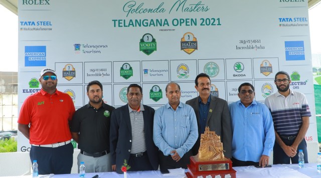 Olympian and defending champion Udayan Mane, Rupinder Singh Gill, GM, Vooty Golf County;  Sampath Chari, tournament director, PGTI; KS Sreenivasa Raju, Secretary to Government of Telangana, Youth Advancement, Tourism & Culture Department; C Dayakar Reddy, president, HGA; BVK Raju, secretary, HGA and PGTI Order of Merit leader Karandeep Kochhar, pose with the trophy of the Golconda Masters Telangana Open in Hyderabad on Tuesday (Source: PGTI).