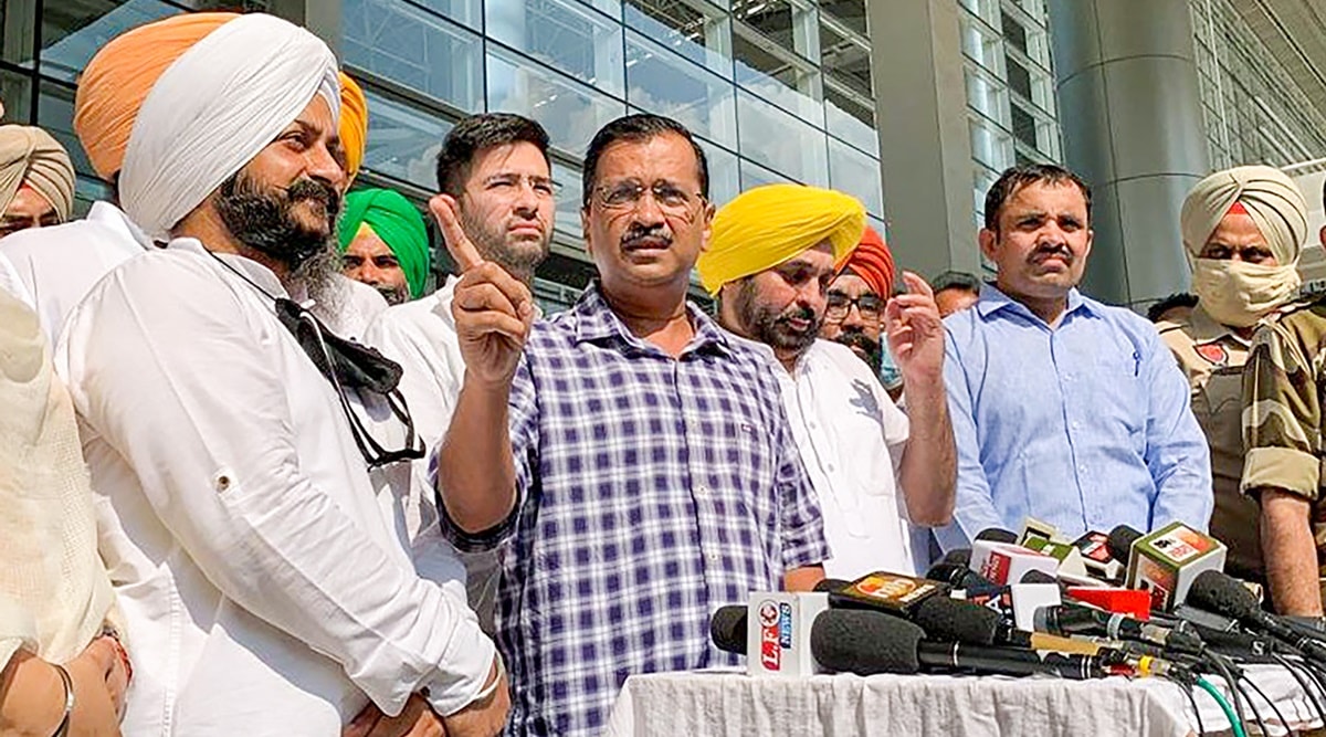 AAP National Convenor and Delhi Chief Minister Arvind Kejriwal addresses media at Chandigarh Airport. (PTI Photo)