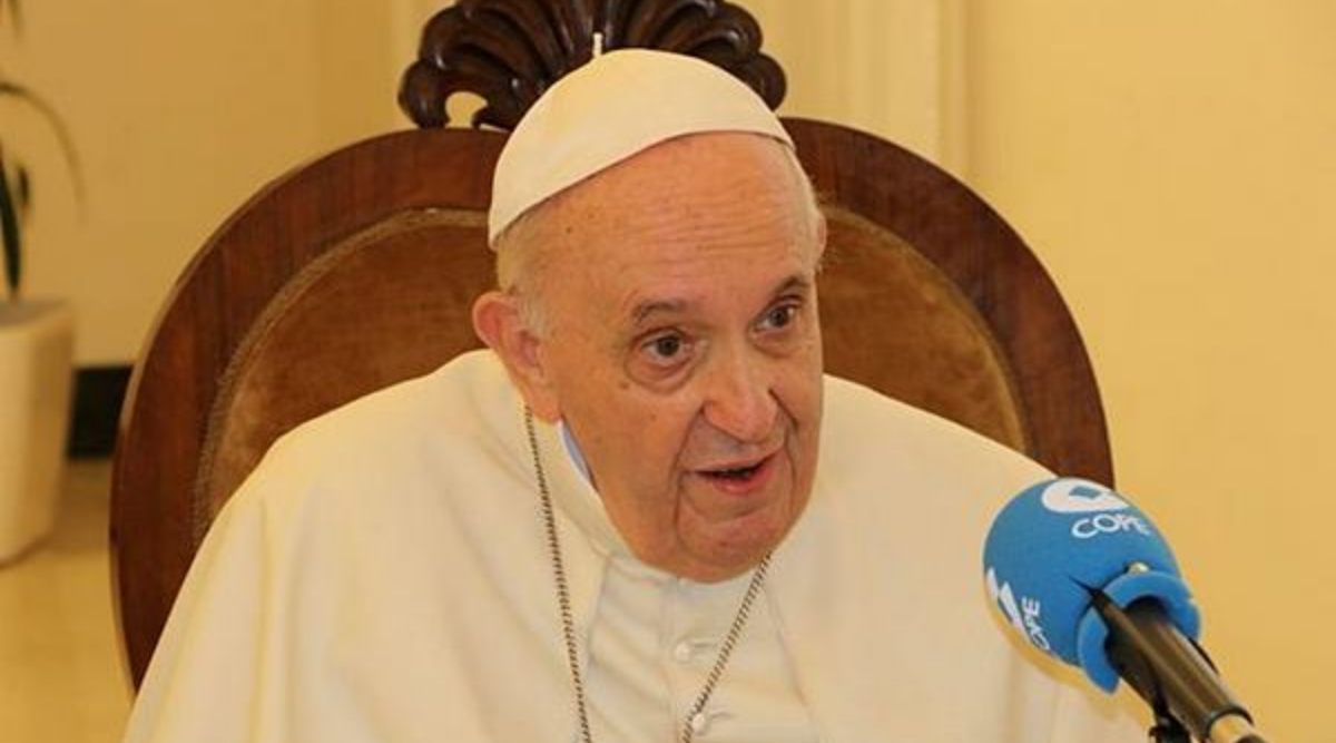 Pope Francis speaks during an interview with Spanish radio station COPE at the Vatican City in this picture released September 1, 2021. (Carlos Herrera en COPE/Handout via REUTERS)