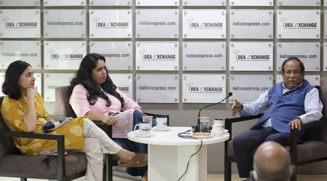 Prof P C Joshi with Special Correspondent Aranya Shankar and Correspondent Sukrita Baruah in The Indian Express newsroom. (Express photo by Abhinav Saha)