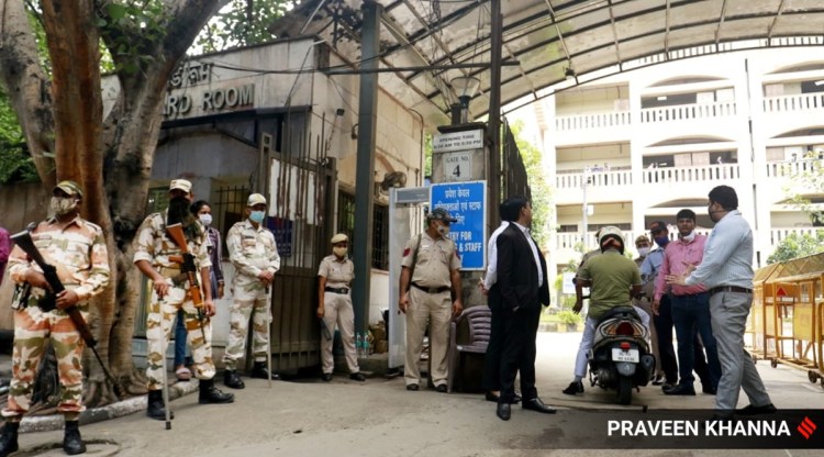 Security beefed up outside Rohini court. (Express photo by Praveen Khanna)