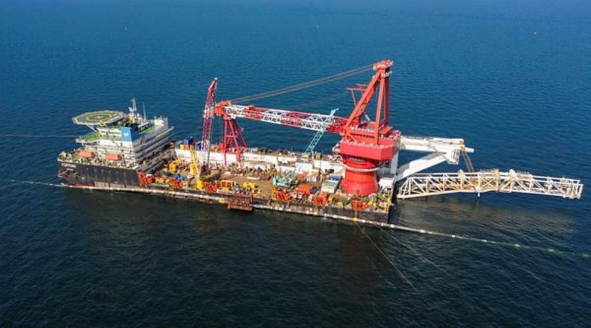 An aerial view shows specialists onboard the laybarge Fortuna performing an above-water tie-in while finishing the construction of the Nord Stream 2 gas subsea pipeline in the Baltic Sea, September 8, 2021. (Via Reuters)