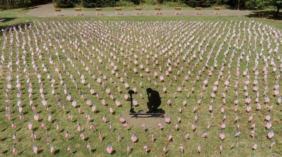Flags honoring each service member killed during the wars in Iraq and Afghanistan at Patriot Park, a new commemorative site close by the Flight 93 National Memorial in Shanksville, Pa., August 20, 2021. (The New York Times)