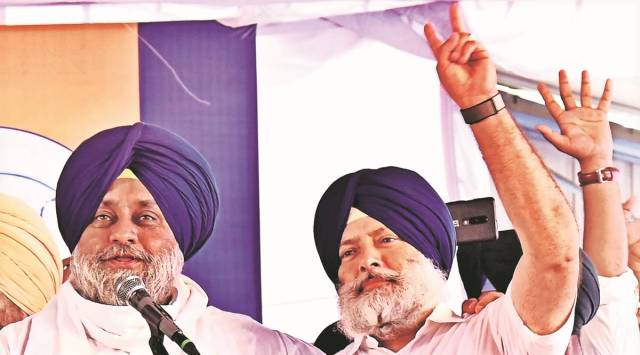 SAD president Sukhbir  Badal with Barjinder Singh Makhan Brar, the party candidate from Moga. (Express Photo: Gurmeet Singh)