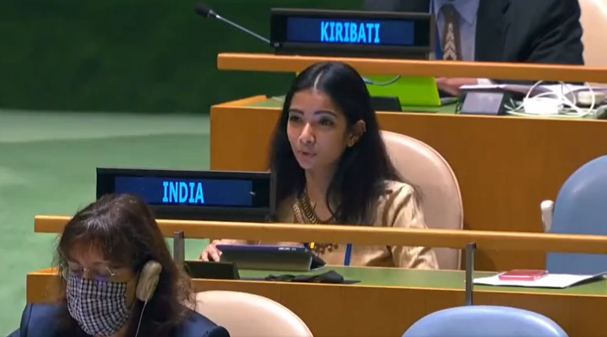 India's First Secretary Sneha Dubey addresses the United Nations General Assembly on Saturday. (Photo: ANI)