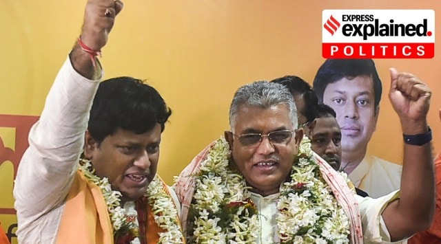 BJP's new national vice-president Dilip Ghosh (R) with party's new state president Sukanta Majumdar (L) during a felicitation at BJP Party office in Kolkata, Tuesday. (PTI)